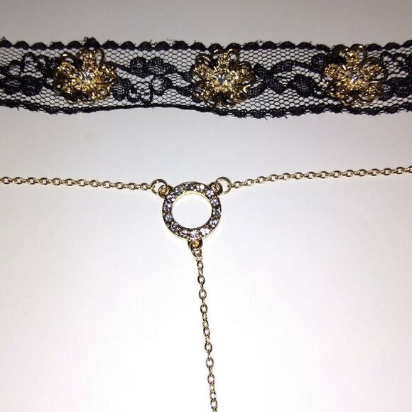 Mia Collection Black Lace & Gold Floral Choker + Diamond Studded Circle Necklace - Picture 6 of 11